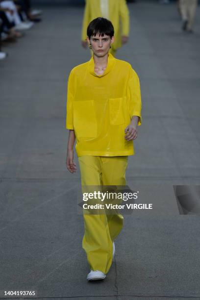 Model walks the runway during the Zegna Ready to Wear Spring/Summer 2023 fashion show as part of the Milan Men Fashion Week on June 20, 2022 in...