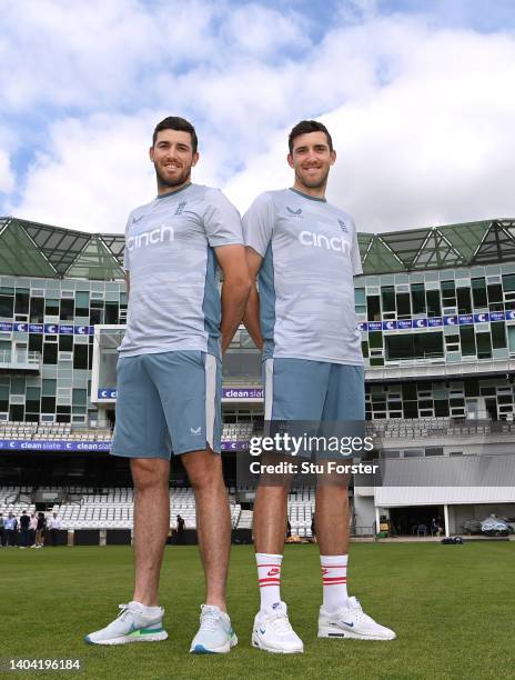 Twin brothers Craig and Jamie Overton pose for a picture during nets ahead of the third Test Match between England and New Zealand at Headingley on...