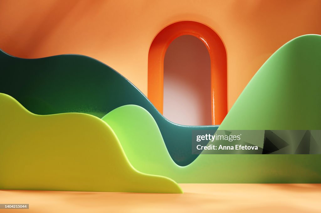 Abstract colorful background with glazed green waves and orange arch. Perfect place for your products. Three dimensional illustration