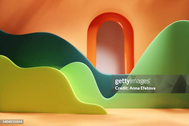 abstract colorful background with glazed green waves and orange arch. perfect place for your products. three dimensional illustration - pastel room stock pictures, royalty-free photos & images