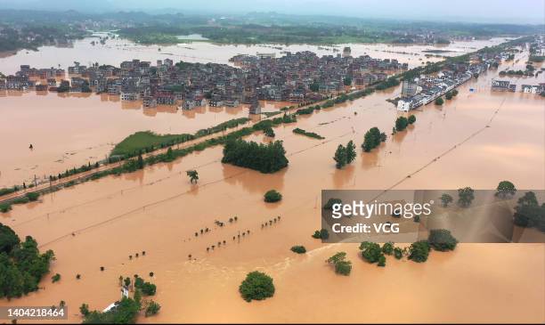 Aerial view of a flood-hit village on June 21, 2022 in Shangrao, Jiangxi Province of China. China's Jiangxi Province on Monday issued a red alert for...