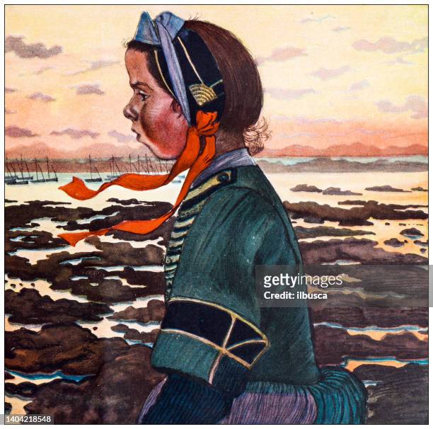 antique illustration: pilchard sardine fishing industry in douarnenez - woman fisherman stock illustrations