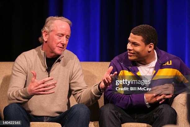 Archie Manning and LSU's Tyrann Mathieu attend the filming of "Stars of Maxwell Football Club Discussion Table" at Harrah's Resort March 2, 2012 in...