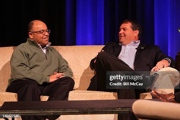 Mike Tirico and Brady Hoke attend the filming of "Stars of Maxwell Football Club Discussion Table" at Harrah's Resort March 2, 2012 in Atlantic City,...