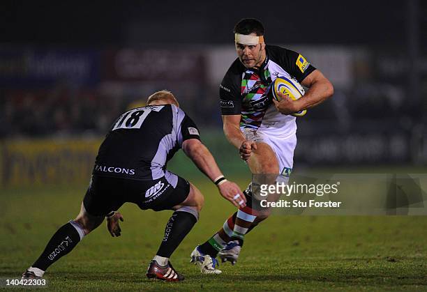 Quins number 8 Nick Easter runs into the Falcons defence during the Aviva Premiership game between Newcastle Falcons and Harlequins at Kingston Park...