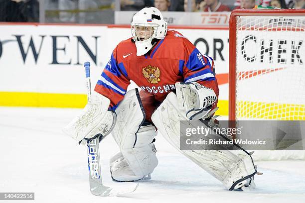 Andrei Makarov of Team Russia watches play during the 2012 World Junior Hockey Championship Gold Medal game against Team Sweden at the Scotiabank...