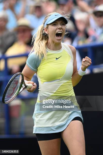 Katie Boulter of Great Britain celebrates victory over Karolina Pliskova of Czech Republic in their Women's Singles Second Round match on Day 4 of...