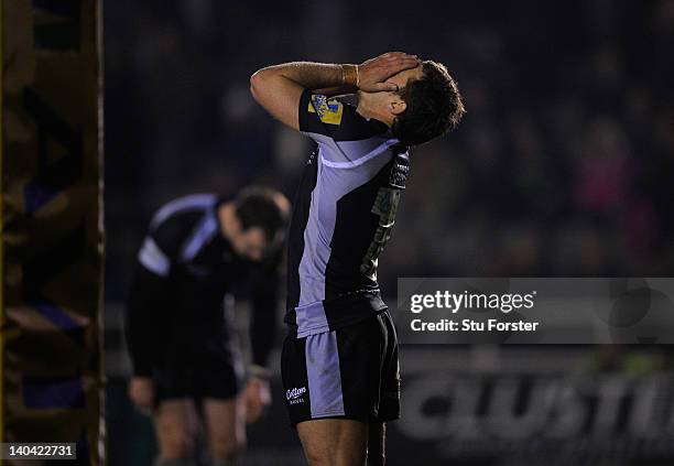 Falcons flyhalf Jimmy Gopperth holds his head after a last second penalty from Quins Nick Evans denys the Falcons victory during the Aviva...