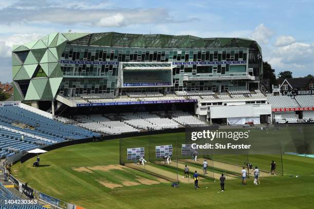 General view of the England players in the nets at the Clean Slate Stadium during nets ahead of the third Test Match between England and New Zealand...