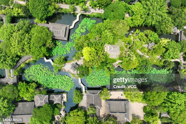 Aerial view of the Humble Administrator's Garden, or Zhuozheng Garden, a UNESCO World Heritage Site and one of the most famous of the gardens of...