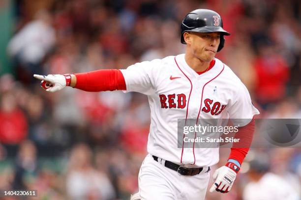 Rob Refsnyder of the Boston Red Sox reacts during the seventh inning against the St. Louis Cardinals at Fenway Park on June 19, 2022 in Boston,...