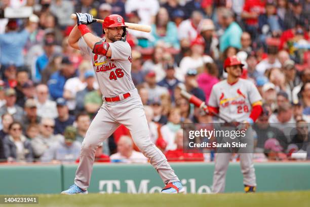 Paul Goldschmidt of the St. Louis Cardinals at bat during the third inning against the Boston Red Sox at Fenway Park on June 19, 2022 in Boston,...