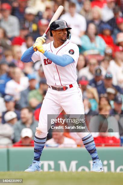 Xander Bogaerts of the Boston Red Sox at bat during the second inning against the St. Louis Cardinals at Fenway Park on June 19, 2022 in Boston,...