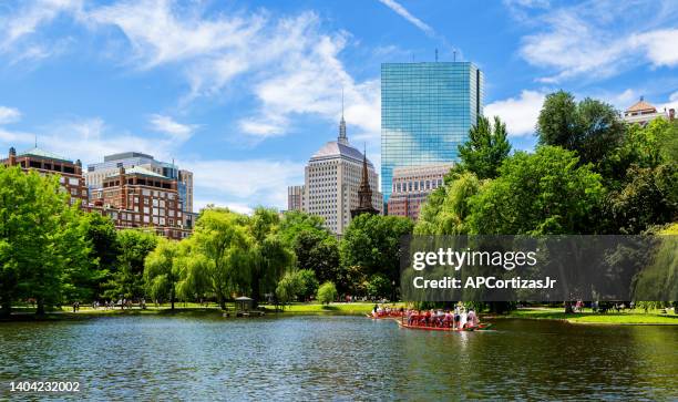 jardín público de boston - swan boat pond - back bay - boston massachusetts - jardín público de boston fotografías e imágenes de stock