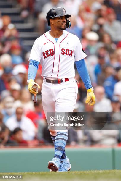Xander Bogaerts of the Boston Red Sox at bat during the second inning against the St. Louis Cardinals at Fenway Park on June 19, 2022 in Boston,...
