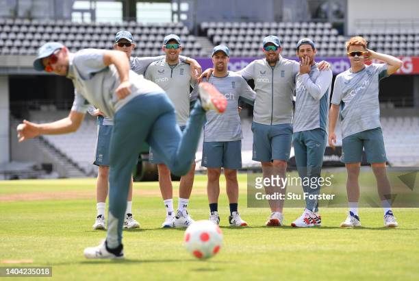 England batsman Joe Root takes a back heeled penalty during the penalty shoot out during nets ahead of the third Test Match between England and New...