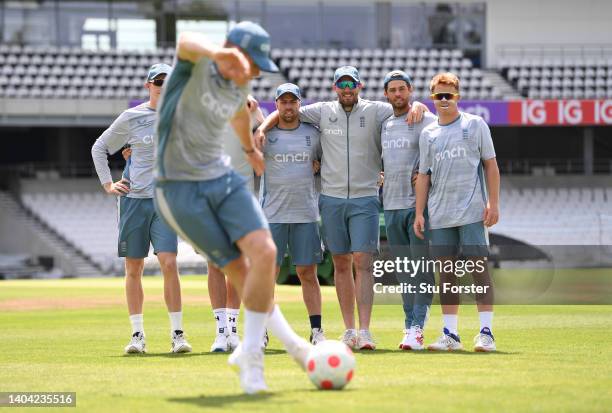 England bowler Matthew Potts try's a rabona style penalty during the penalty shoot out as the Southern team look on during nets ahead of the third...