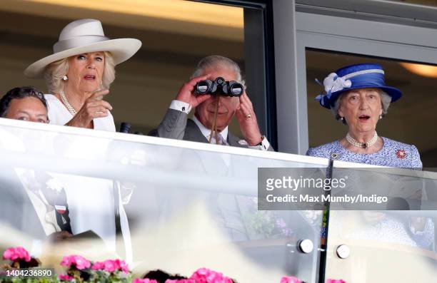 Camilla, Duchess of Cornwall, Prince Charles, Prince of Wales and Lady Susan Hussey watch the racing as they attend day 2 of Royal Ascot at Ascot...