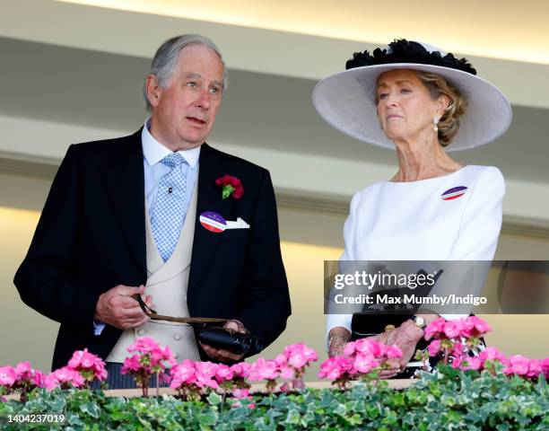 David Bowes-Lyon and Penelope Knatchbull, Countess Mountbatten of Burma watch the racing from the Royal Box as they attend day 2 of Royal Ascot at...