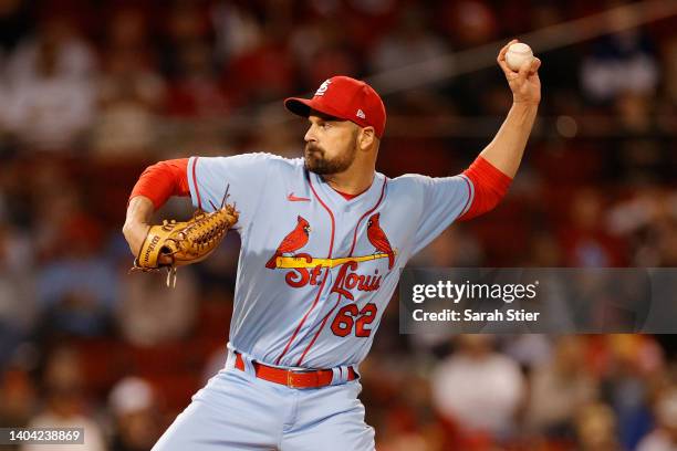 McFarland of the St. Louis Cardinals pitches during the ninth inning against the Boston Red Sox at Fenway Park on June 18, 2022 in Boston,...
