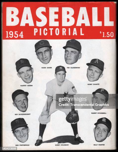 The back cover for Baseball Pictorial 1954 features many stars of the day, published by JMK Publications in New York CIty in 1954.