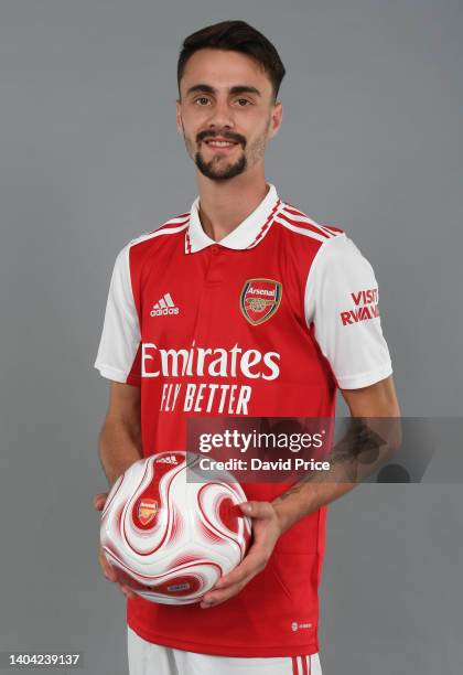 Fabio Vieira poses as he signs for Arsenal at the Arsenal Training Ground at London Colney on June 21, 2022 in St Albans, England.