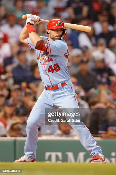 Paul Goldschmidt of the St. Louis Cardinals at bat during the third inning against the Boston Red Sox at Fenway Park on June 18, 2022 in Boston,...