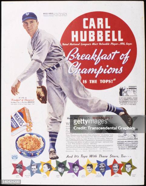 This advertisement for Wheaties featuring Hall of Fame pitcher Carl Hubbell was issued in New York City in 1934.
