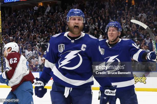 Steven Stamkos of the Tampa Bay Lightning celebrates a goal against the Colorado Avalanche during Game Three of the 2022 NHL Stanley Cup Final at...