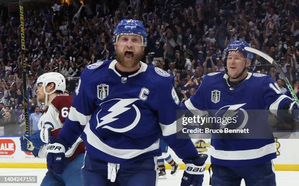 Steven Stamkos of the Tampa Bay Lightning celebrates a goal against the Colorado Avalanche during Game Three of the 2022 NHL Stanley Cup Final at...