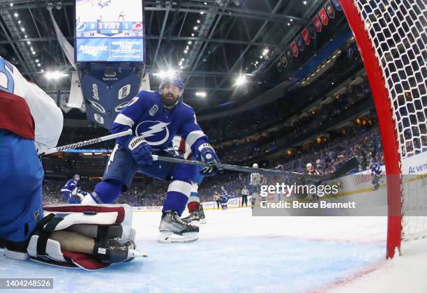 Alex Killorn of the Tampa Bay Lightning skates against the Colorado Avalanche during Game Three of the 2022 NHL Stanley Cup Final at Amalie Arena on...