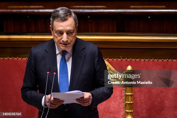 Italian Prime Minister Mario Draghi delivers his speech to the Italian Senate, ahead of this week's European Council, on June 21, 2022 in Rome,...