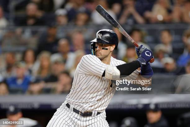 Joey Gallo of the New York Yankees at bat during the sixth inning against the Tampa Bay Rays at Yankee Stadium on June 16, 2022 in the Bronx borough...