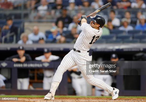 Joey Gallo of the New York Yankees swings at a pitch during the third inning against the Tampa Bay Rays at Yankee Stadium on June 16, 2022 in the...