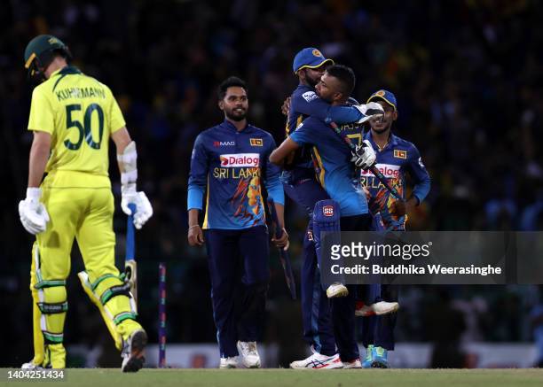 Dasun Shanaka of Sri Lankan captain celebrates with Niroshan Dickwella after winning the match, lead 3-1 in the series during the 4th match in the...