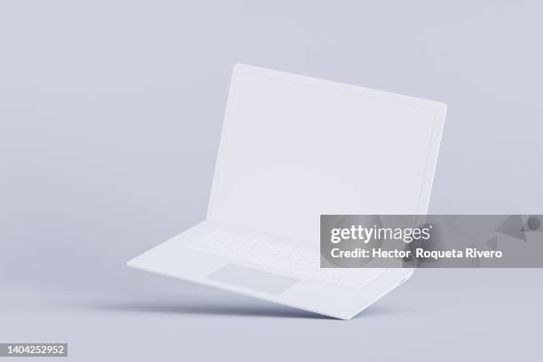 white laptop flying in white background, 3d render - copy space stock illustrations stock pictures, royalty-free photos & images