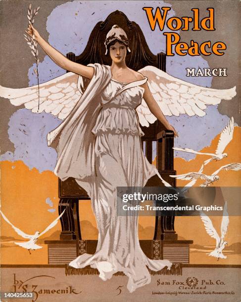 Majestic figure with white wings promotes the 'World Peace March,' published by Sam Fox in New York City in 1914.