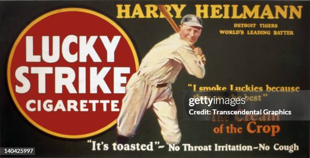 Hall of Famer Harry Heilmann is the baseball star selling Lucky Strike cigarettes on a trolley car sign, circa 1920.