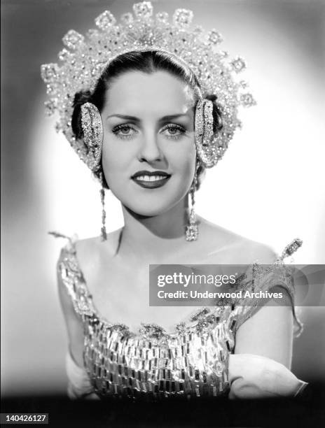 Woman wearing a bejeweled head ornament from the film, 'The Great Ziegfeld, Hollywood, California, circa 1936.