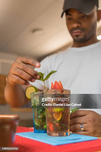 bartender preparing a mojito with mint - ron green fotografías e imágenes de stock