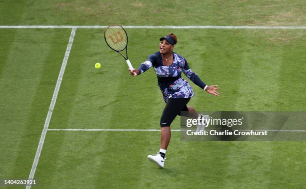 Serena Williams of USA plays a forehand during their Doubles match against Sara Sorribes Tormo of Spain and Marie Bouzková of Czech Republic during...