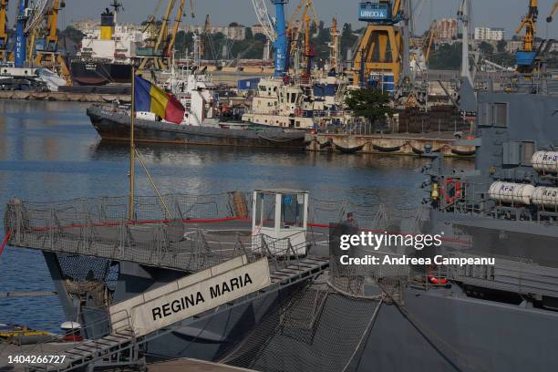 Romanian Navy soldier stands on Queen Mary frigate in the port of Constanta, on June 21, 2022 in Constanta, Romania. Romania's armed forces organised...