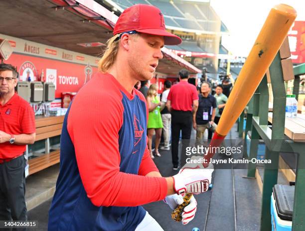 David MacKinnon of the Los Angeles Angels takes batting practice before the game against the Kansas City Royals at Angel Stadium of Anaheim on June...