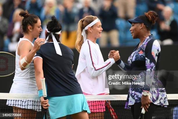 Sara Sorribes Tormo of Spain and Marie Bouzkova of Czech Republic embrace Ons Jabeur of Tunisia and Serena Williams of United States of Americaaftger...