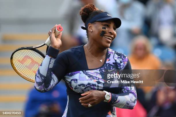 Serena Williams of United States of America reacts during the Women's Doubles Round One match between Williams and Ons Jabeur of Tunisia against...