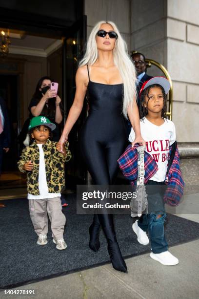Psalm West, Kim Kardashian and Saint West are seen in Midtown on June 21, 2022 in New York City.