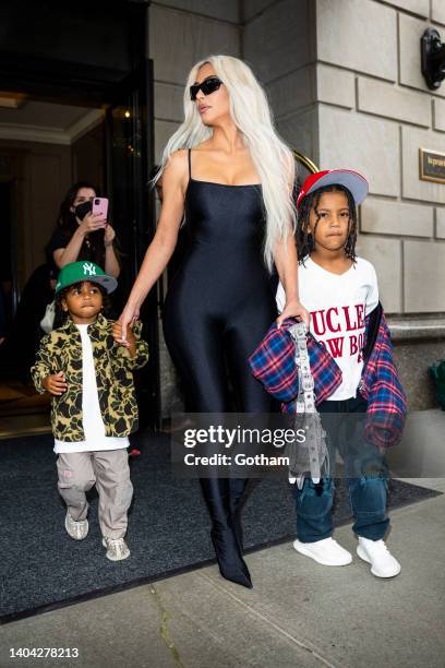 Psalm West, Kim Kardashian and Saint West are seen in Midtown on June 21, 2022 in New York City.