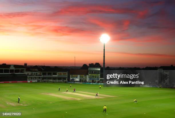 General view of play as the sun sets during the Vitality T20 Blast match between Kent Spitfires and Gloucestershire at The Spitfire Ground on June...