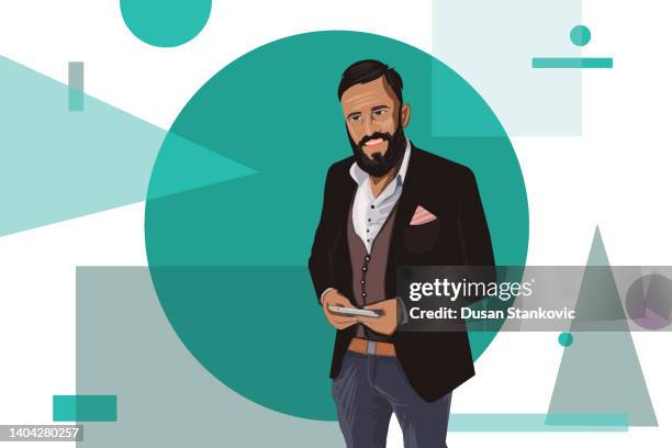 männlicher charakter in einem formellen business-anzug - guy in front of computer cartoon stock-grafiken, -clipart, -cartoons und -symbole