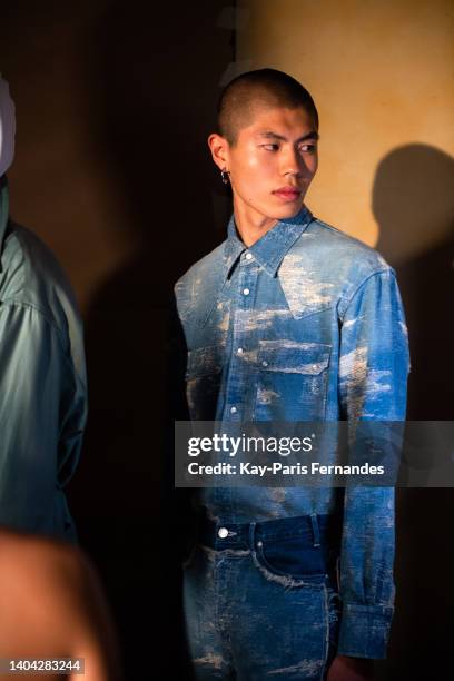 Model poses backstage prior to the Taakk Menswear Spring Summer 2023 show as part of Paris Fashion Week on June 21, 2022 in Paris, France.